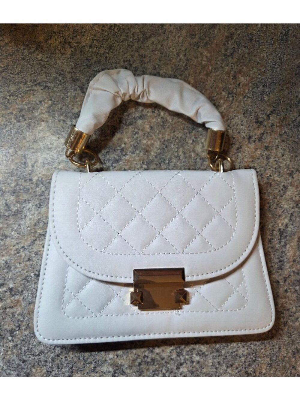 Quilted White Mini Handbag With Gold-Tone Hardware & Scrunch Handle